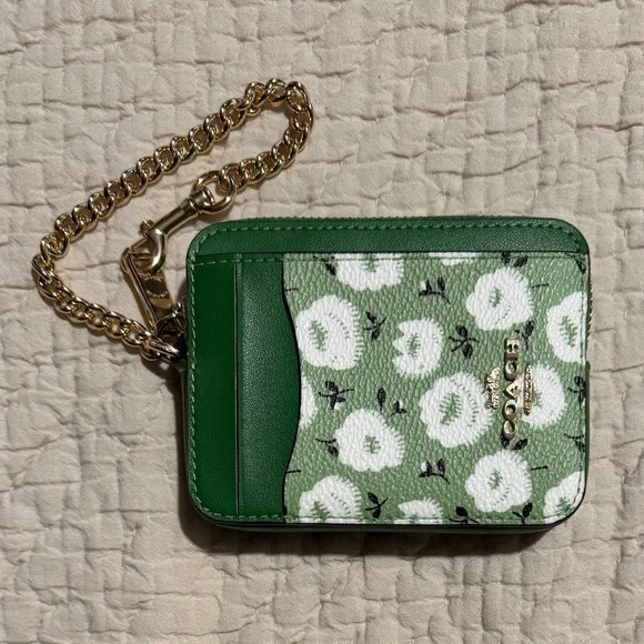 Coach Green Floral Zip Card Case